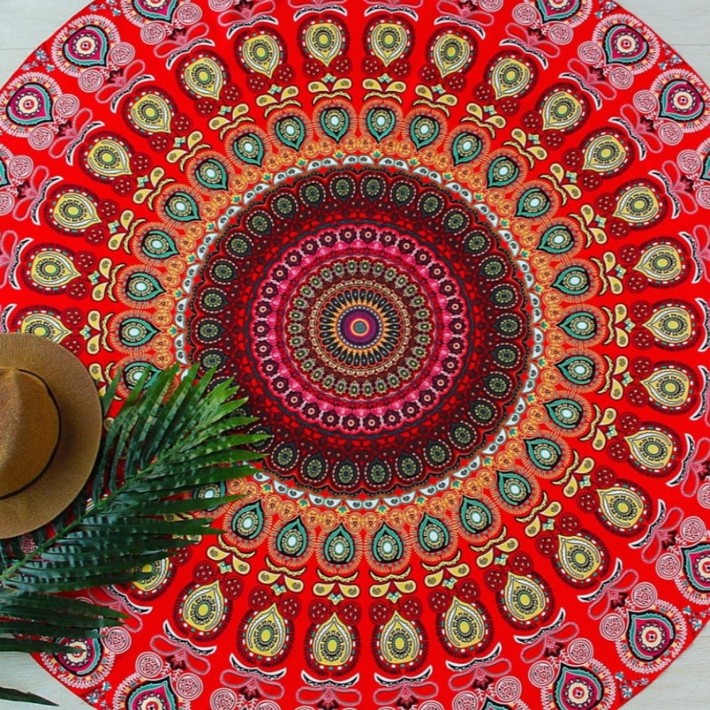 Red Boho Style Round Beach Blanket